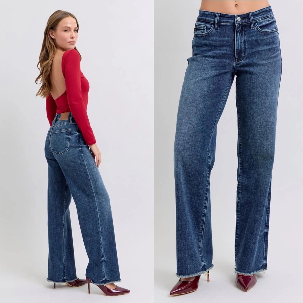 Judy Blue Mid Rise Wide Leg w/ Tint Denim Jeans Dark Wash Raw Hem Size 1/25
